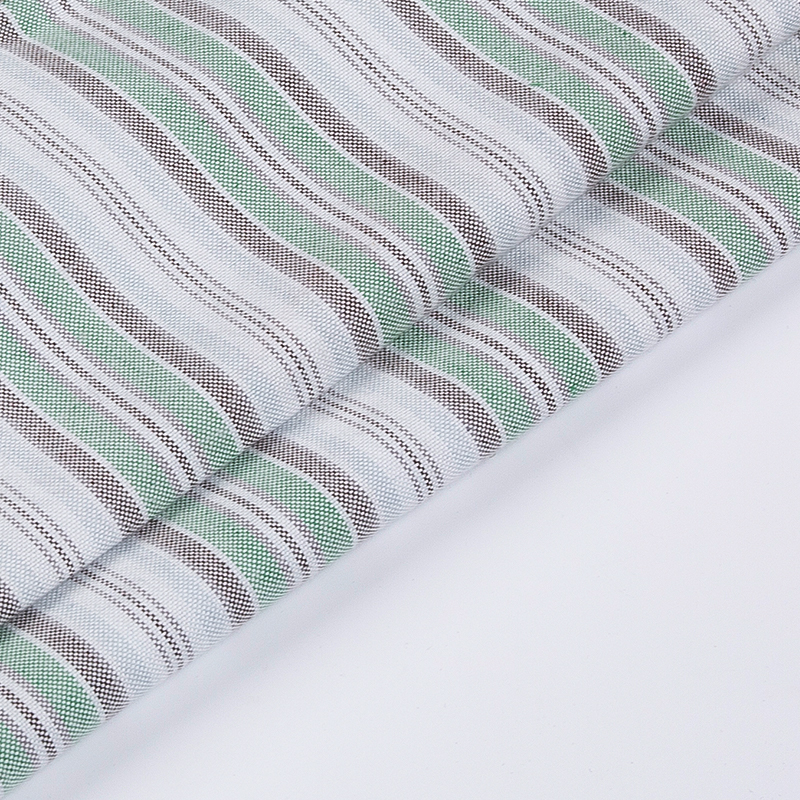 Color woven polyester-cotton green and grey white stripes fabric